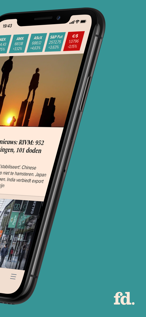iPhone displaying the FD financial news app with live stock market tickers and Dutch headlines.