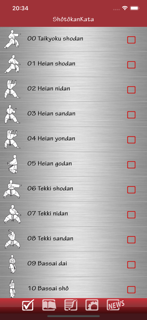 Shotokan Karate kata list with illustrations and progress checkboxes