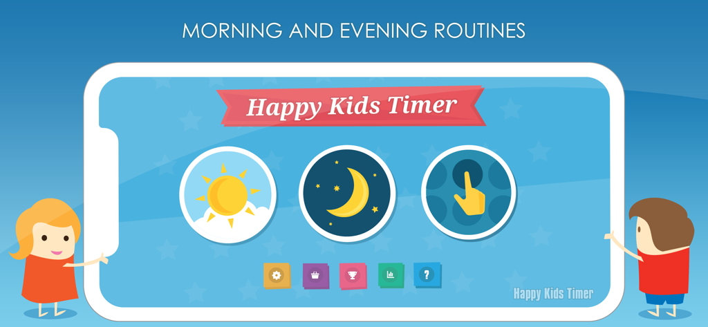 Happy Kids Timer: Home Chores - Happy Kids Timer interface showing morning and evening chore routine selections