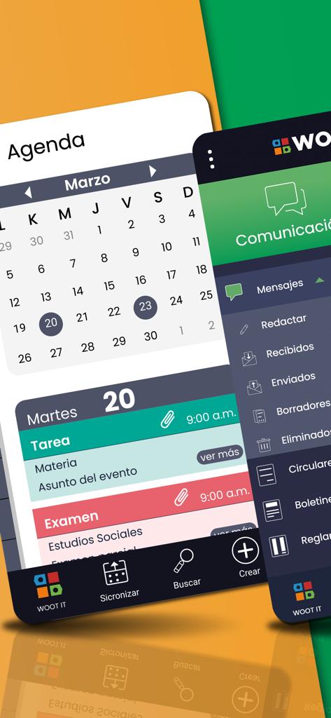 Screenshot dell'app educativa WOOT IT che mostrano un'agenda e un menu di messaggistica