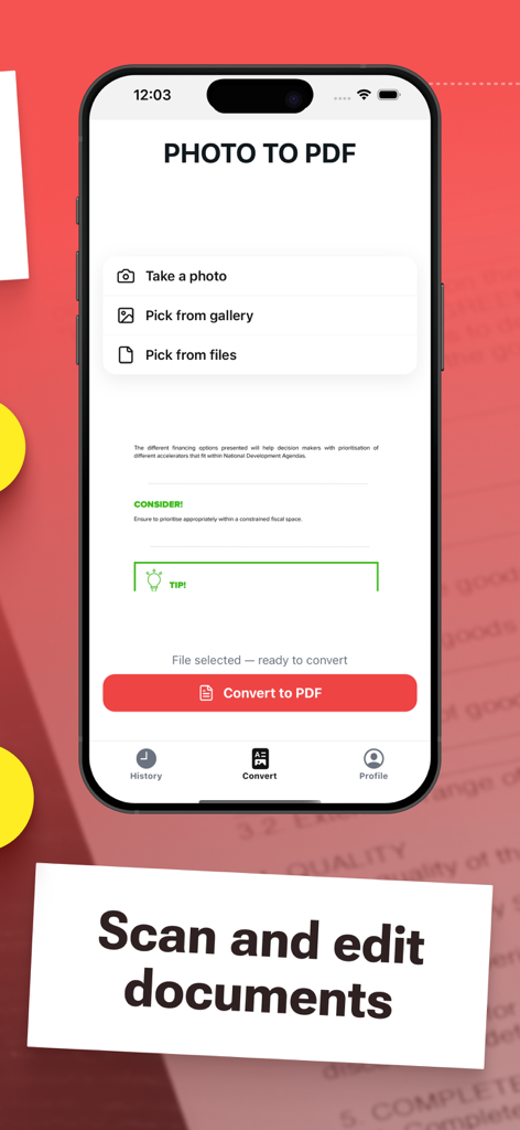 PDF Converter: PDF Compressor - Iphone screen showing the photo to pdf conversion and document scanning interface