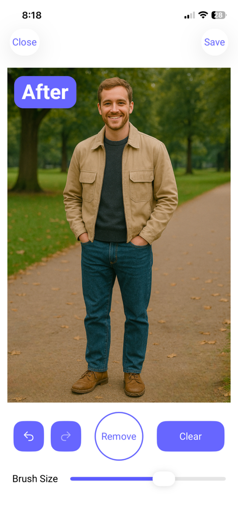 Remove Objects - Remove AI - AI를 사용하여 배경 물체를 제거한 후 공원에 있는 남자의 초상화