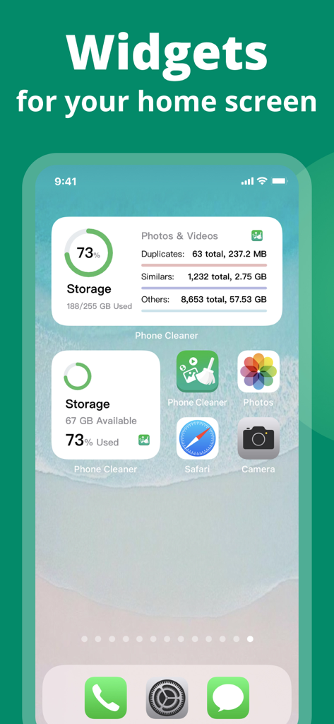 Phone CleanerㆍClean Up Storage - Pantalla de inicio de iPhone que muestra widgets de uso de almacenamiento y limpieza de fotos de la aplicación Phone Cleaner.