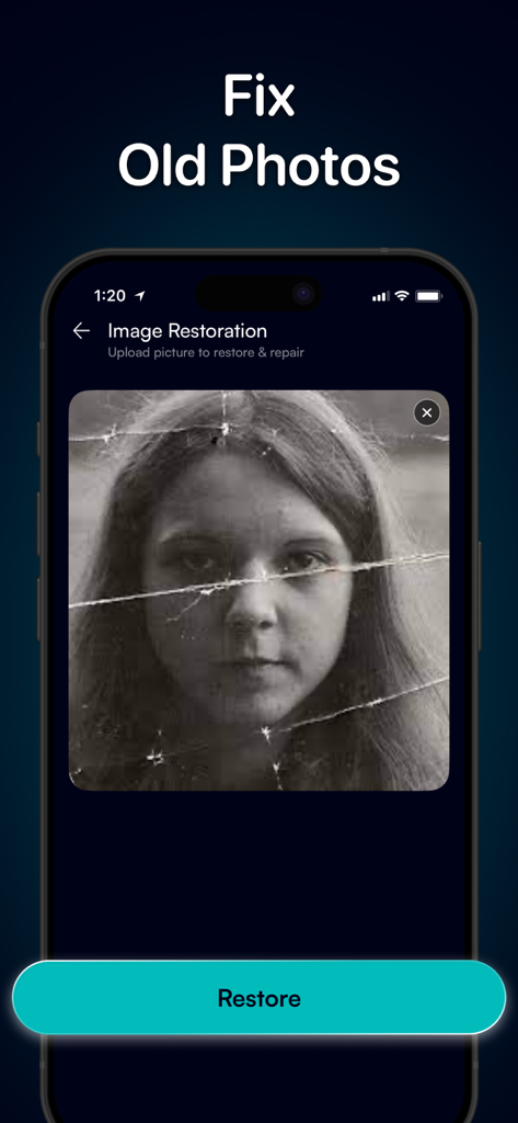Interface of PhotoPea AI app showing the image restoration feature to fix old damaged photos