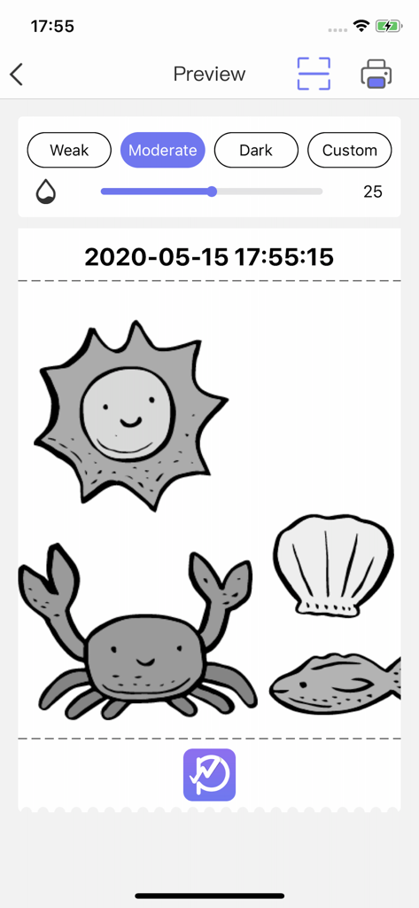 WalkPrint app print preview interface with cartoon stickers and density settings