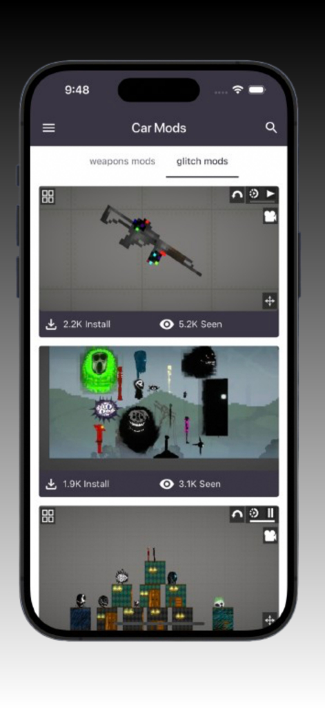 Melon Mods : Addons,Guns,Skins - Interface of the Melon Mods app displaying available glitch mods and character skins for the game.