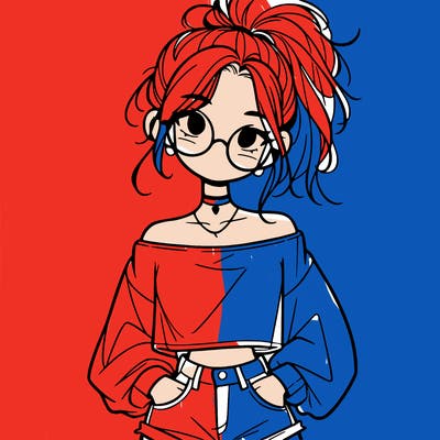 girl with a messy ponytail glasses a baggy crop top and jean shorts