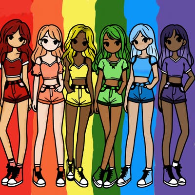 a group of girls wearing crop tops and shorts