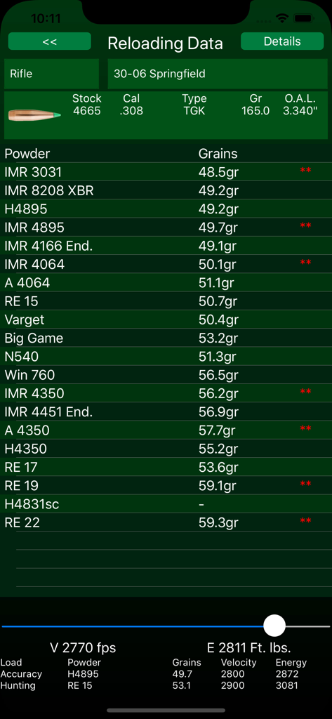 Sierra Reloading Manual v6.0 - Sierra Reloading Manual app display showing powder weight and ballistics data for a 30-06 Springfield cartridge