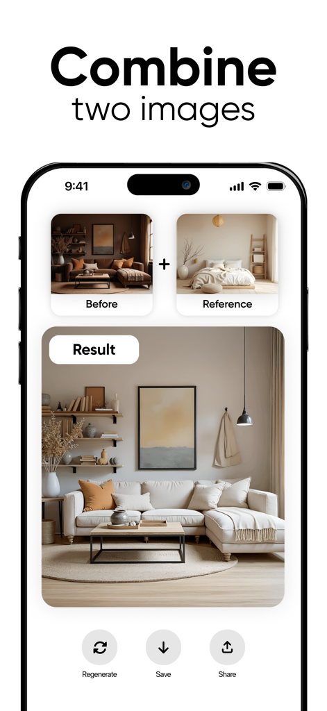 Deco - AI Home Design - Tela do aplicativo Deco AI mostrando o recurso de combinar duas imagens para transformar o design de uma sala de estar usando uma foto de referência