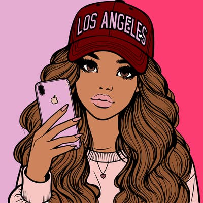 realistic beautiful girl wearing los ángeles cap holding an iphone