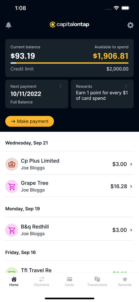 Capital on Tap app dashboard showing current balance available spend and business transaction history