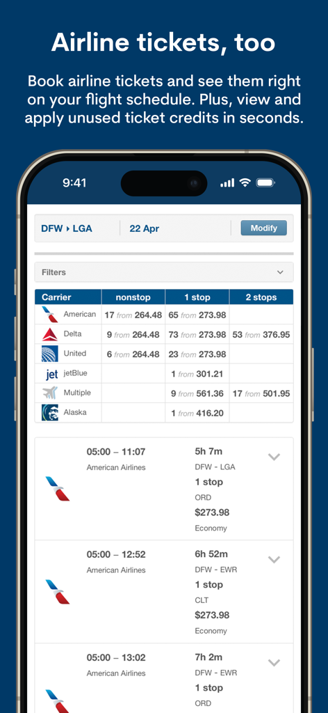 A screenshot of the FlightBridge app showing airline ticket search results and booking options for commercial flights.