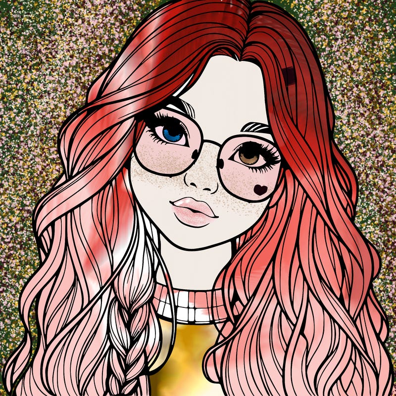 girl with long hair and freckles and glasses realistic
