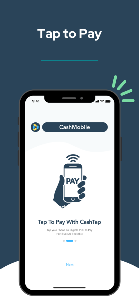 CashMobile app interface showing the Tap to Pay contactless payment feature
