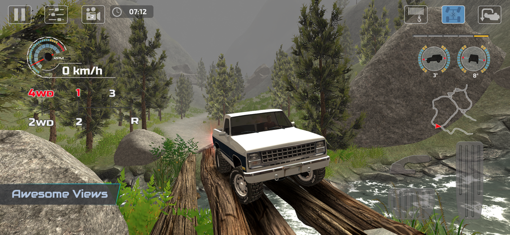 OffRoad Drive Pro - A 4x4 truck crossing a log bridge in a mountain forest in OffRoad Drive Pro
