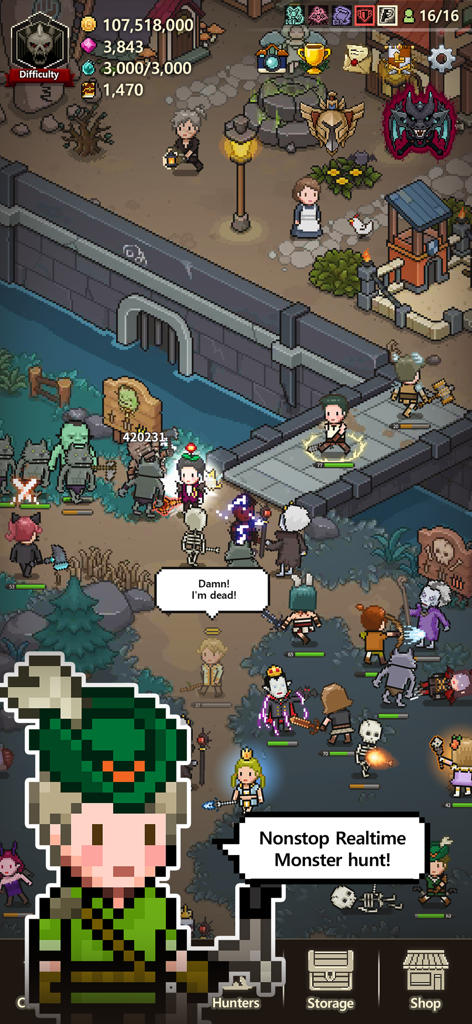 Evil Hunter Tycoon - Evil Hunter Tycoon gameplay showing pixel art hunters fighting monsters in real time near a town