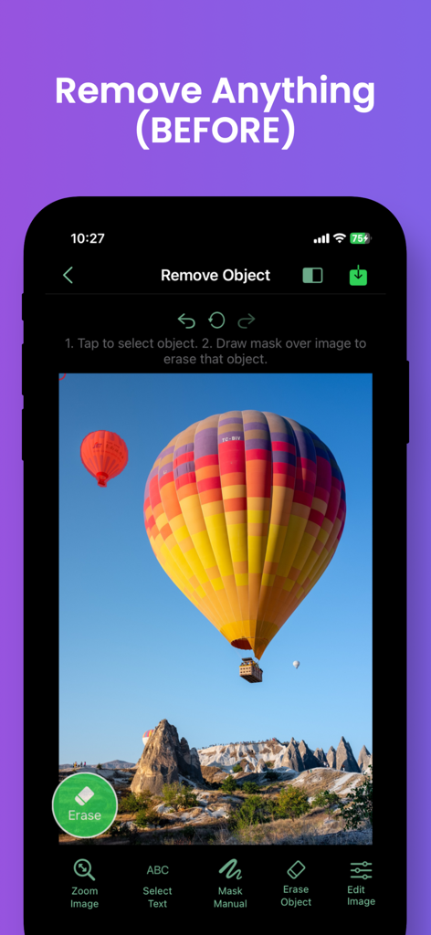remove watermark erase objects - écran d'application mobile montrant l'outil de suppression d'objets avec des montgolfières