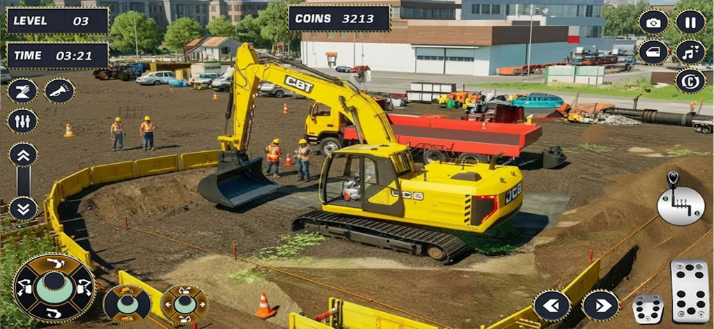 A yellow excavator digging at a city construction site in a mobile simulator game.