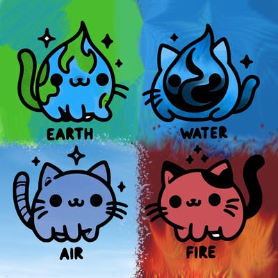 4 cats that represent the different elements, earth, water, air, and fire