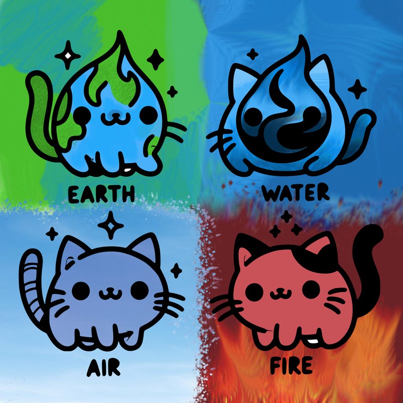 4 cats that represent the different elements, earth, water, air, and fire