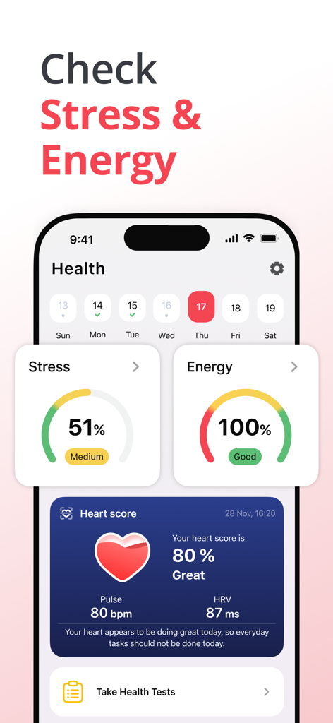 PulseNow: Heart Rate Monitor - PulseNow app dashboard displaying heart rate HRV stress and energy levels