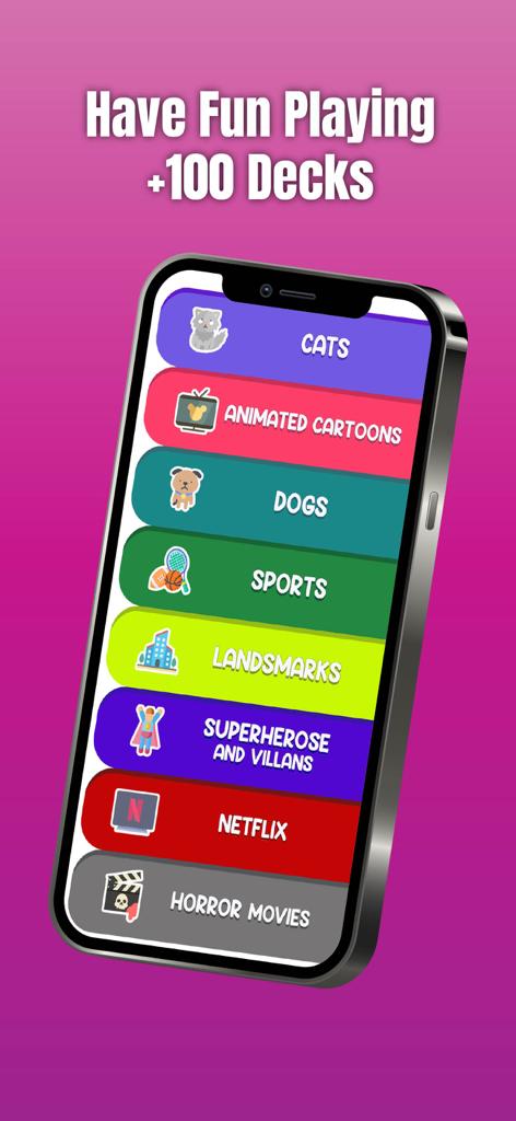 Charades For Adults - Guess Up - A smartphone screen displaying various game categories in the Charades For Adults app