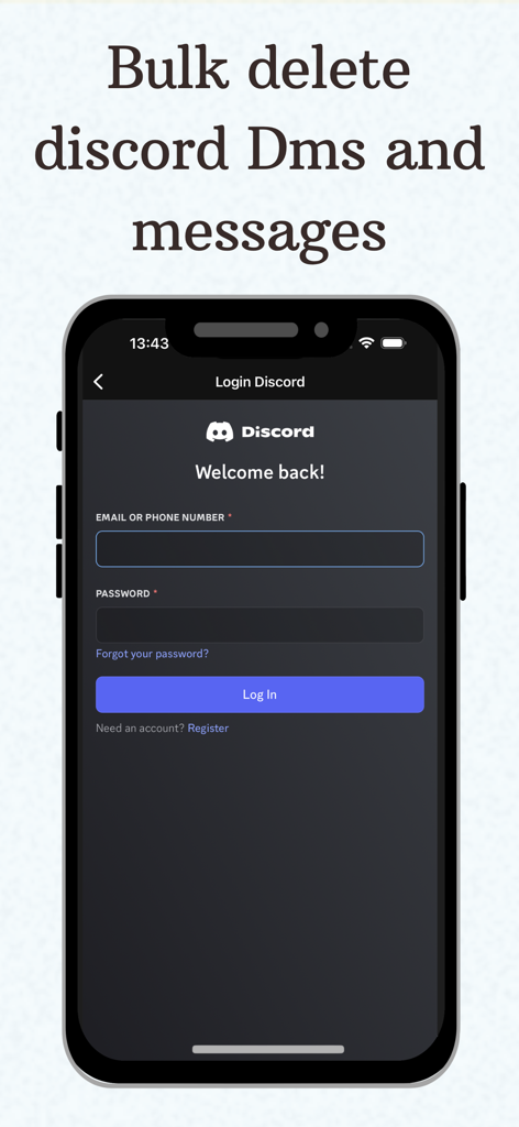 Unpost: Bulk Delete Messages - Discord login screen within the Unpost app for bulk deleting direct messages and channel history.