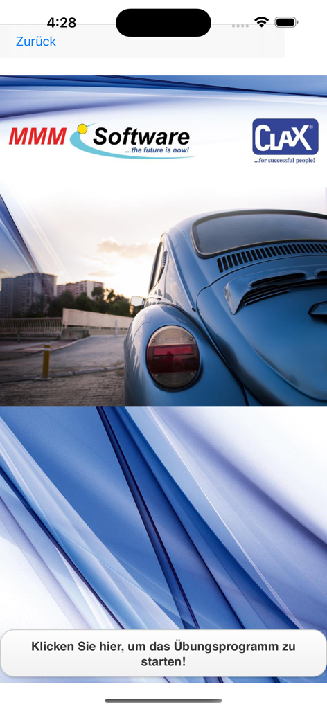 MMMApp - MMMApp Startbildschirm für die Fahrausbildung mit einer Schaltfläche zum Starten des Trainingsprogramms.