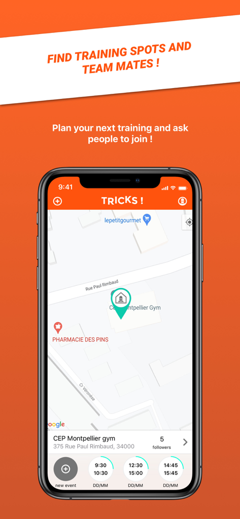 Tricks ! - Pantalla de la aplicación Tricks que muestra un mapa para encontrar lugares de entrenamiento y compañeros de equipo