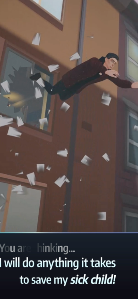 Pawn to Don Mafia Crime Story - 病気の子供を救うというテキストと共に、Pawn to Don マフィアゲームで壊れた窓から飛び降りる男。