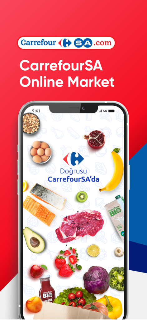 CarrefourSA Online Alışveriş - CarrefourSA Online Market mobile app splash screen showing fresh groceries including meat fruit and vegetables on a smartphone