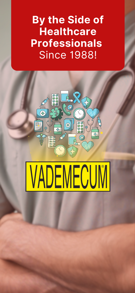 Vademecum Mobile: Guide - Vademecum Mobile app introductory screen featuring healthcare professional and medical icons