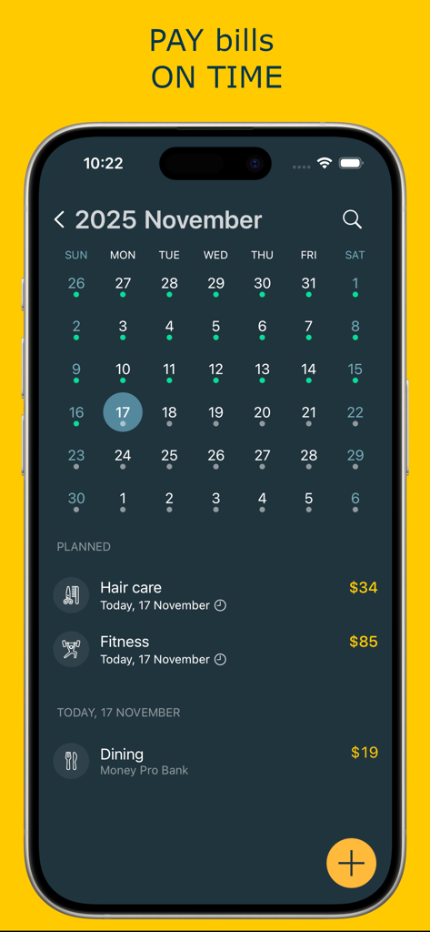 Money Pro 앱 캘린더 보기에 예약된 청구서 지불 및 미용, 피트니스와 같은 일일 지출이 표시됩니다.