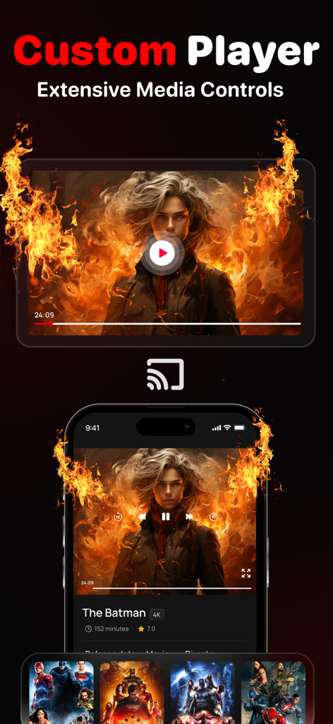 IPTV Smarters app custom video player interface with extensive media controls and casting icon