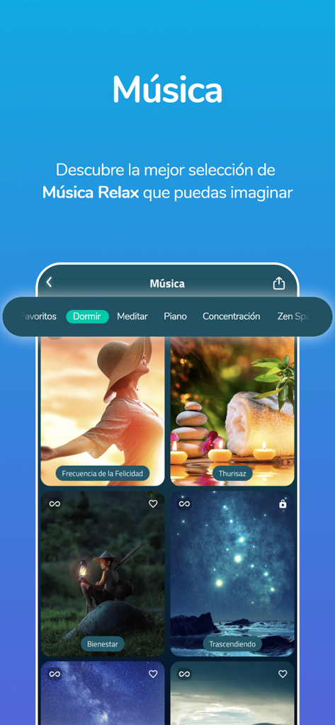 Relax Moment Dormir y Meditar - Pantalla de selección de música de la aplicación Relax Moment con categorías para dormir y meditar