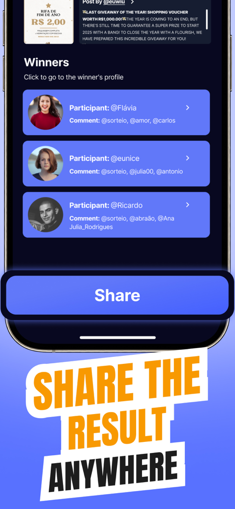 Mobile app screen showing a list of Instagram giveaway winners and a large button to share the results.