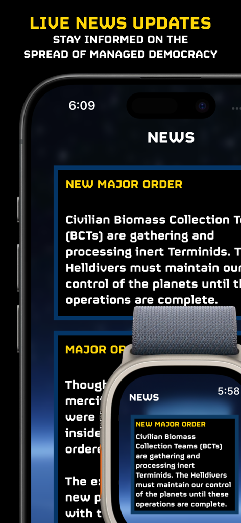 War Monitor for Helldivers 2 app displaying live news updates and Major Orders on iPhone and Apple Watch