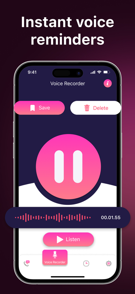 Call Recorder: Record All - Interface of a voice recorder app with instant voice reminders and recording controls