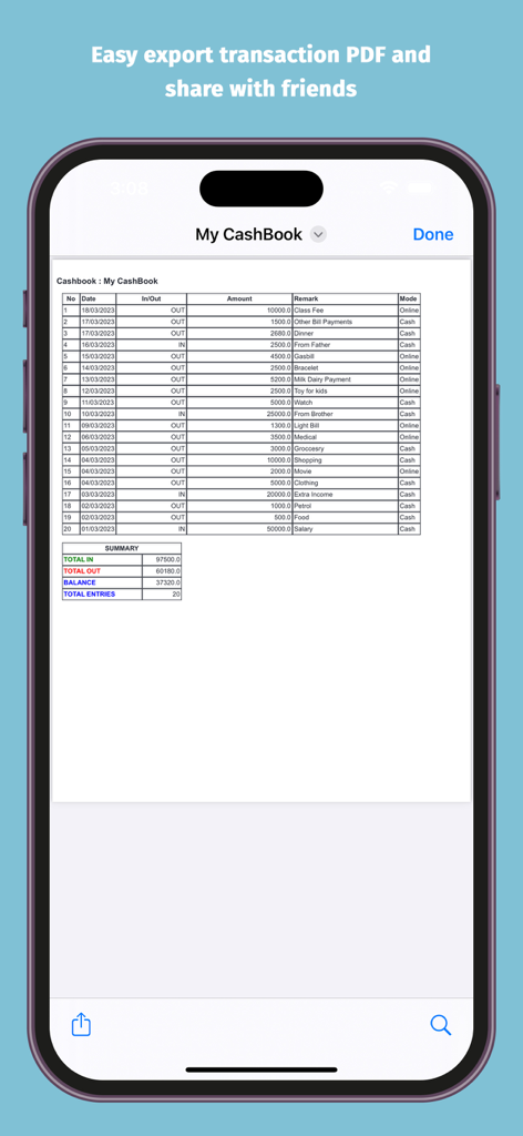 Um relatório de transações profissional no aplicativo Diário de Caixa Digital mostrando um resumo de receitas e despesas