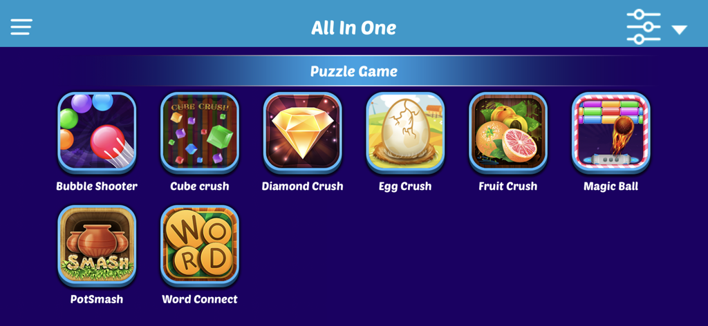 버블 슈터, 다이아몬드 크러쉬, 워드 커넥트를 포함한 다양한 오프라인 퍼즐 게임을 보여주는 메뉴 화면.