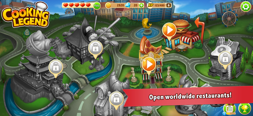 クッキングレジェンドのゲームレベル選択マップ。アンロックされたハンバーガーとピザのレストラン、およびロックされた都市の場所を示しています。