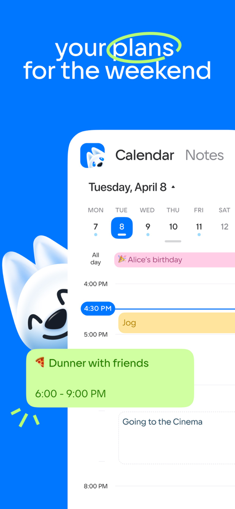 A calendar view in the Mail app showing a daily schedule with personal plans and events