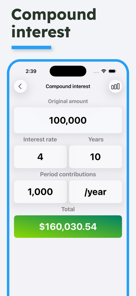 Compound interest calculator screen showing investment growth and total balance
