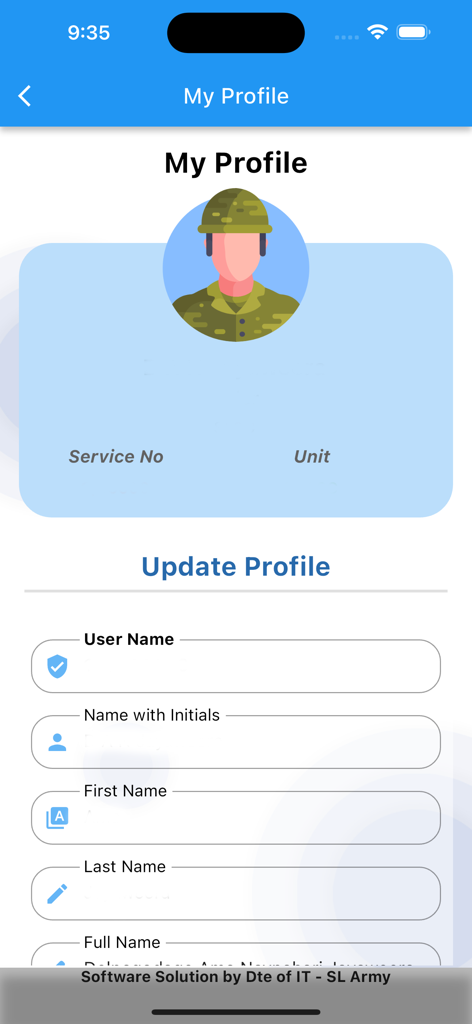 War Heroes e Portal - User profile and update information screen in the War Heroes e Portal app