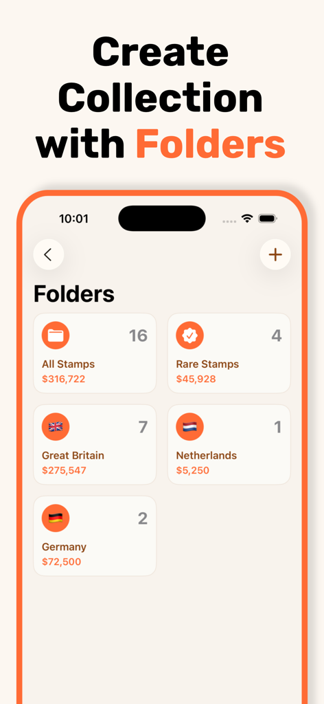 Stamp identifier - StampSnap - Interface of StampSnap app showing digital stamp collections organized into folders by country and rarity with estimated values.
