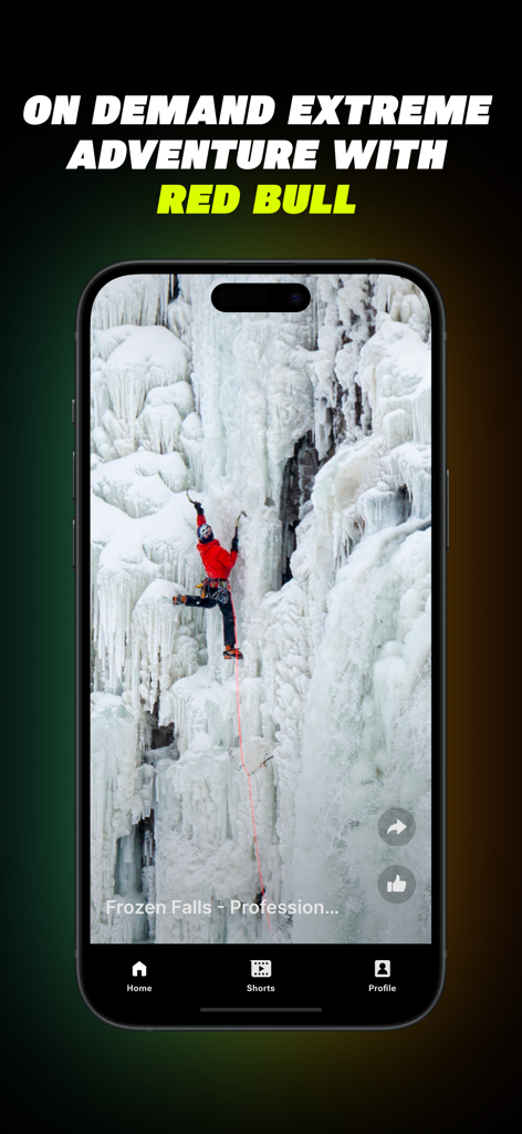 Smartphone screen displaying an ice climber in the Victory plus app with Red Bull extreme adventure content
