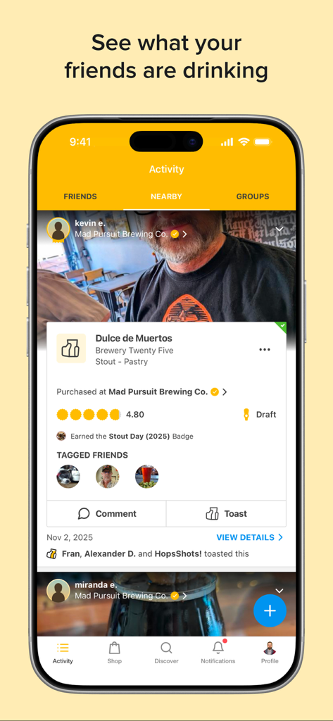 A mobile screenshot of the Untappd app showing a nearby activity feed with user beverage check-ins, star ratings, and earned badges.