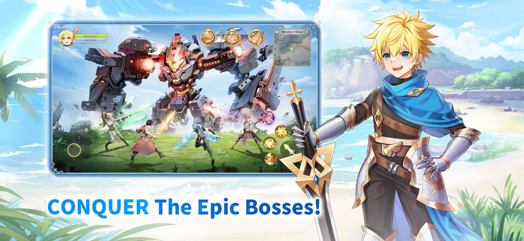 Arcadia: Breath of the Land - A group of anime heroes fighting a massive mechanical boss in the mobile game Arcadia Breath of the Land