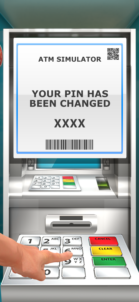 Bank Games - ATM Cash Register - A hand interacting with a virtual ATM keypad showing a message that the pin has been changed.